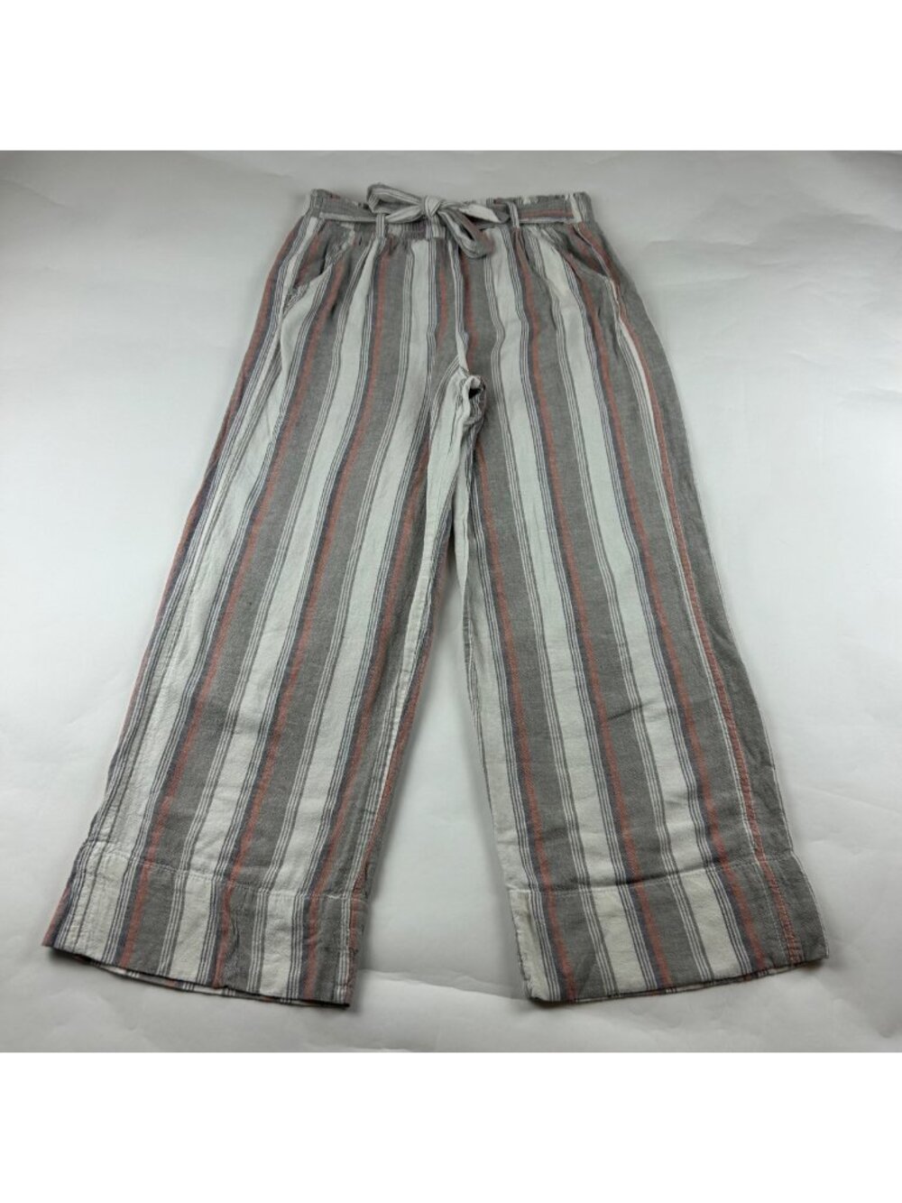 Knox Rose Neutral Stripe Linen Blend Belted Wide Leg Pant L